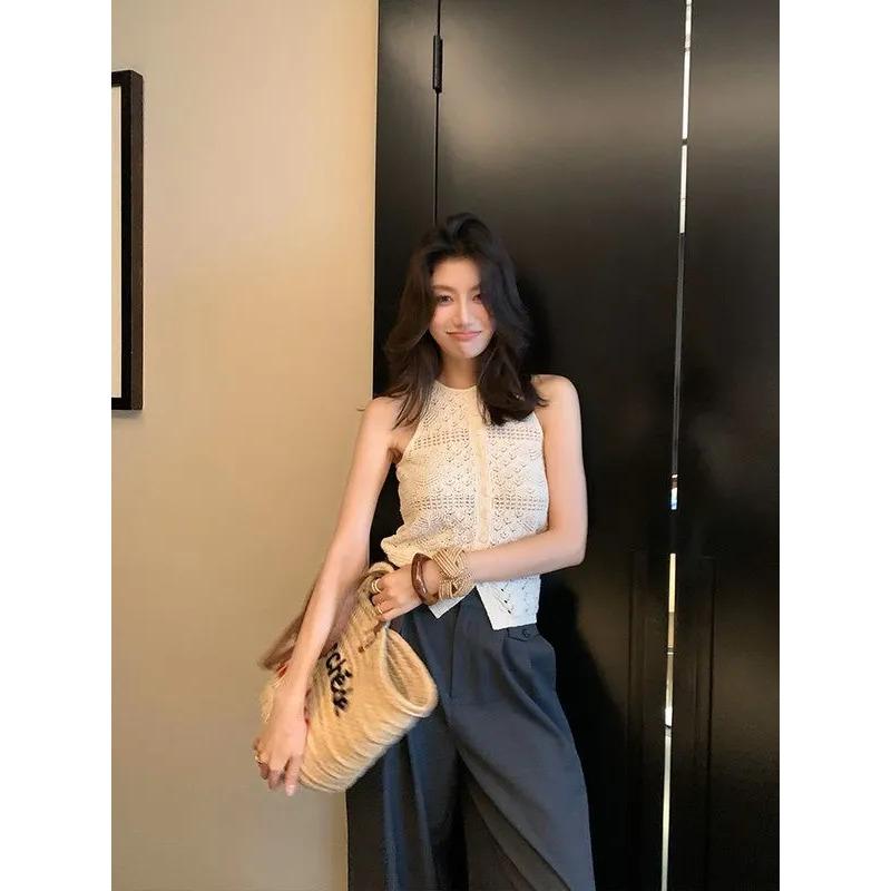 Womens Hollow Out Knit Sleeveless Tank Top S белый