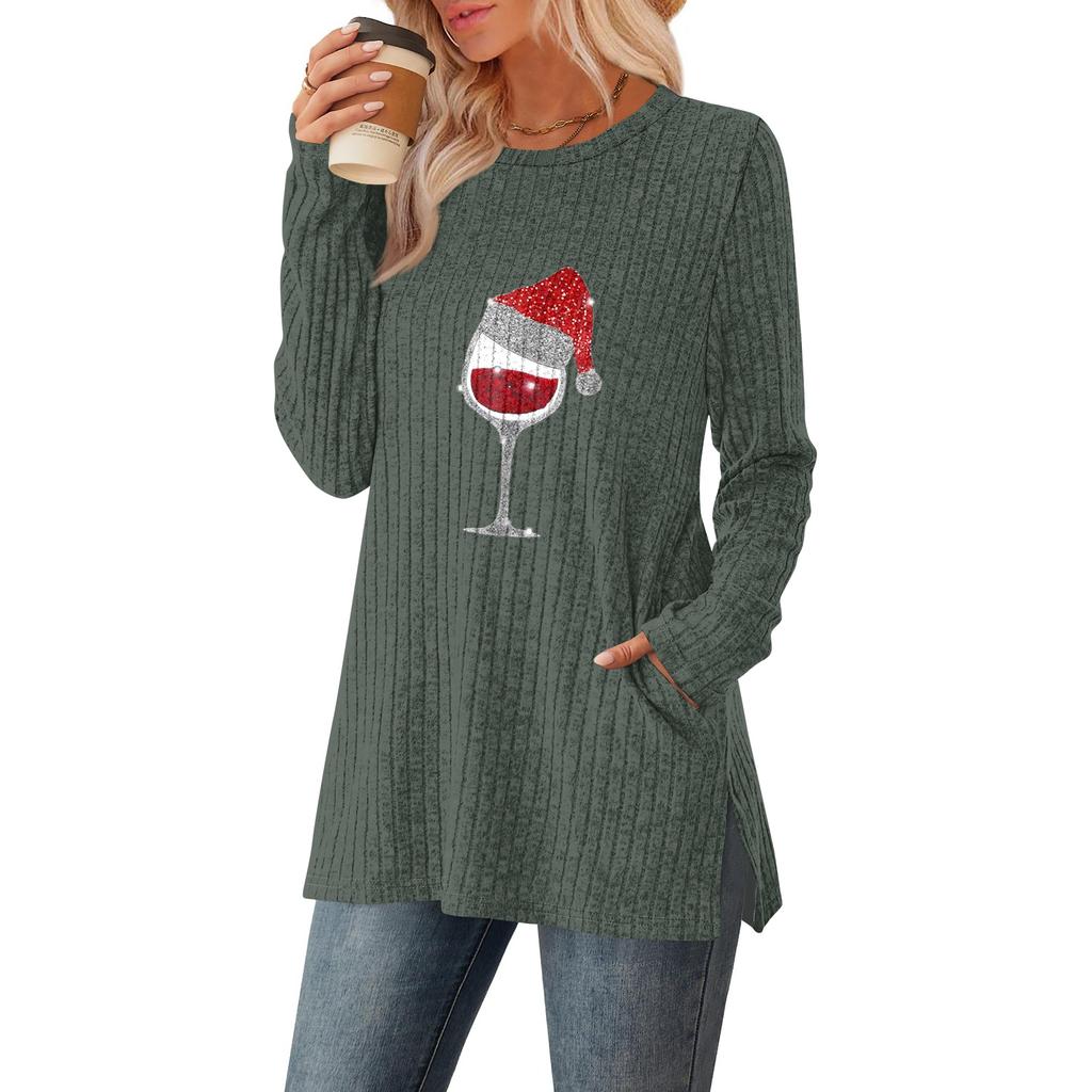 Women's Gradient Printed Round-neck Long-sleeved Top With Pockets And Side Slits