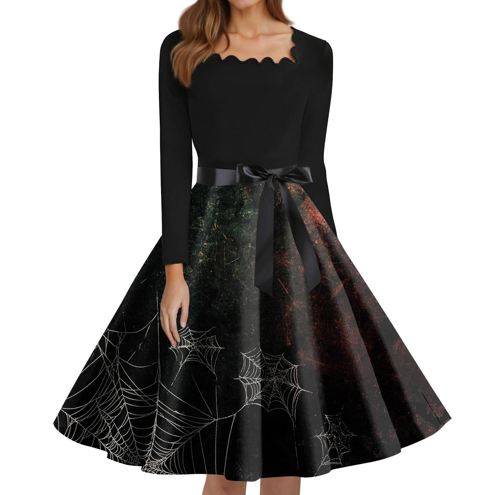 

Women s Fashion Square Neck Casual Slim Halloween Printed Long Sleeve Dresses L темно-зелений колір