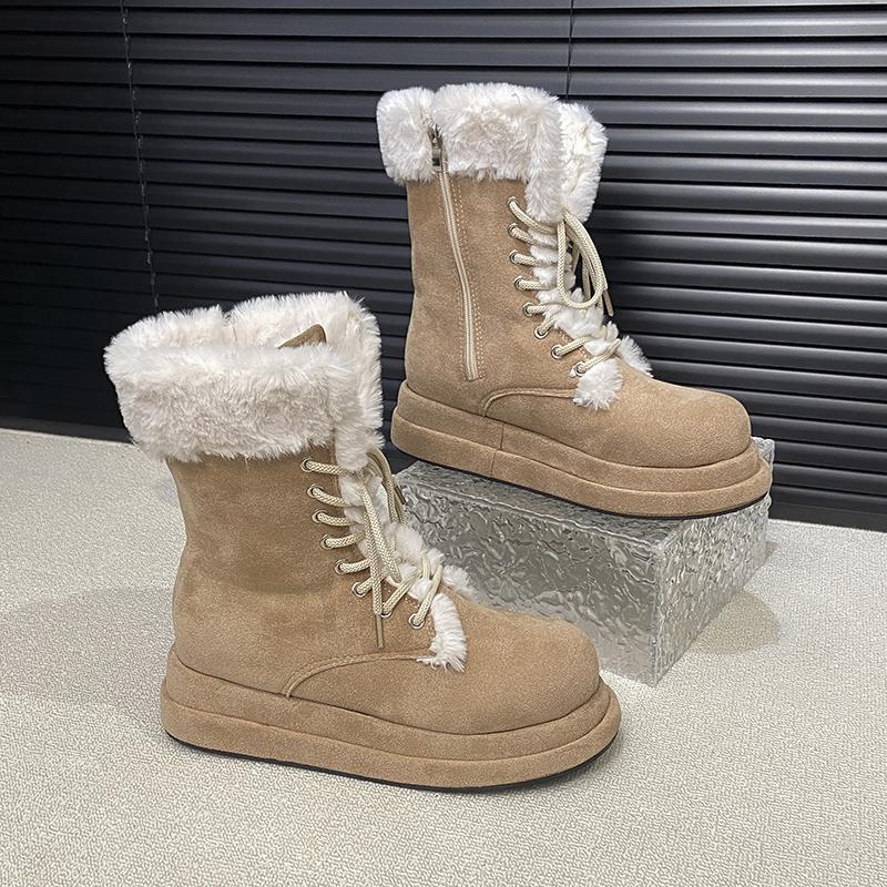 Women's Fashion Thick Bottom Fur Lined Mid-Calf Snow Boots Winter Warm Cotton Shoes round Toe Rubber Sole Flat Heel Boots