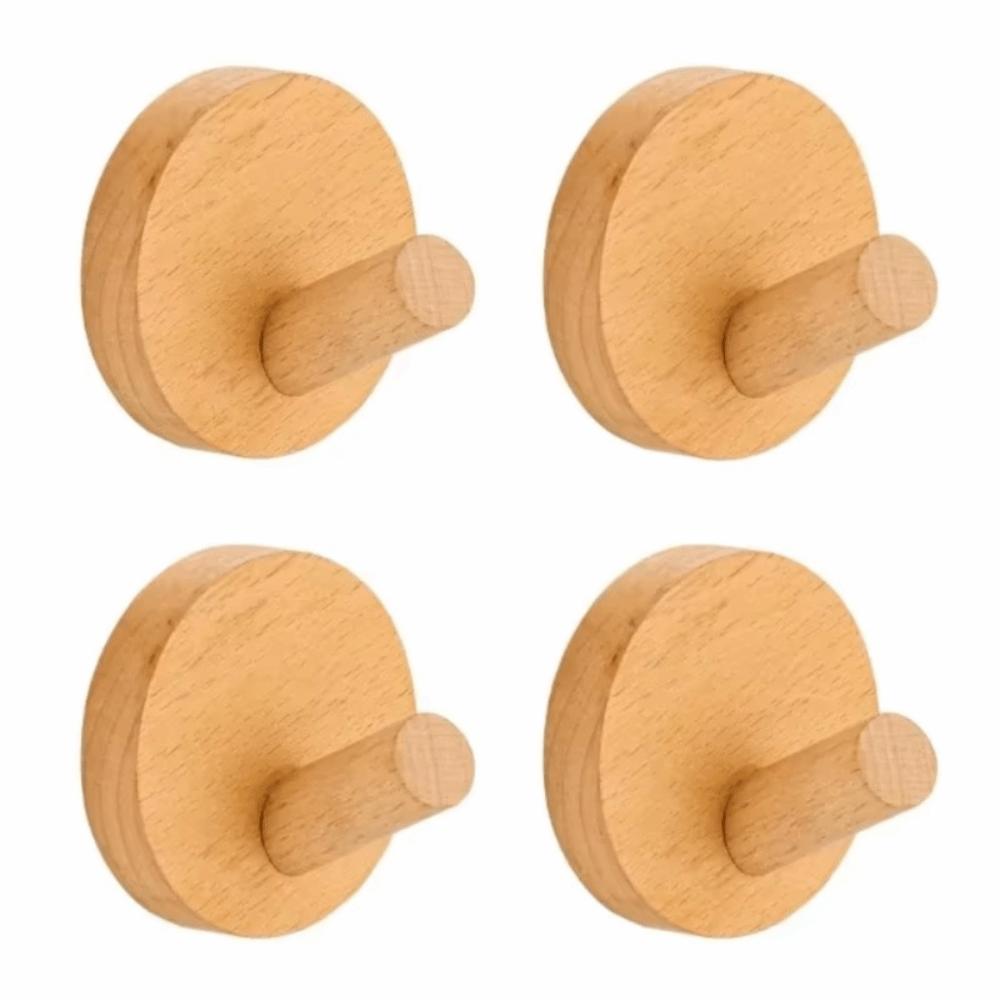 4pcs Beech Walnut Wood Wood Hook Solid Wood Punch Free Hanging Hanger Simple Design Wood Handle Coat Storage Rack