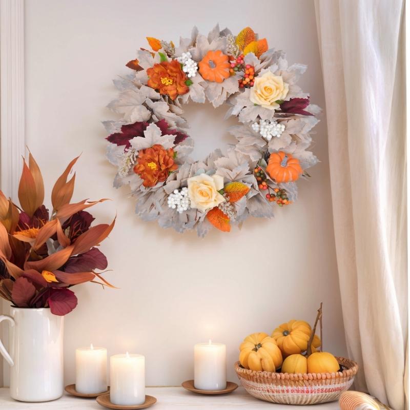 Autumn Wreath Realistic Pumpkin Leaf Wreath For Door Mantels Wall Halloween Thanksgiving Holiday Party Centerpieces