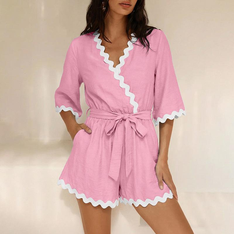 New Style Beachwear One-piece Pants with V-neck, Waist Cinching and Fringed Design, and Connected Short Pants