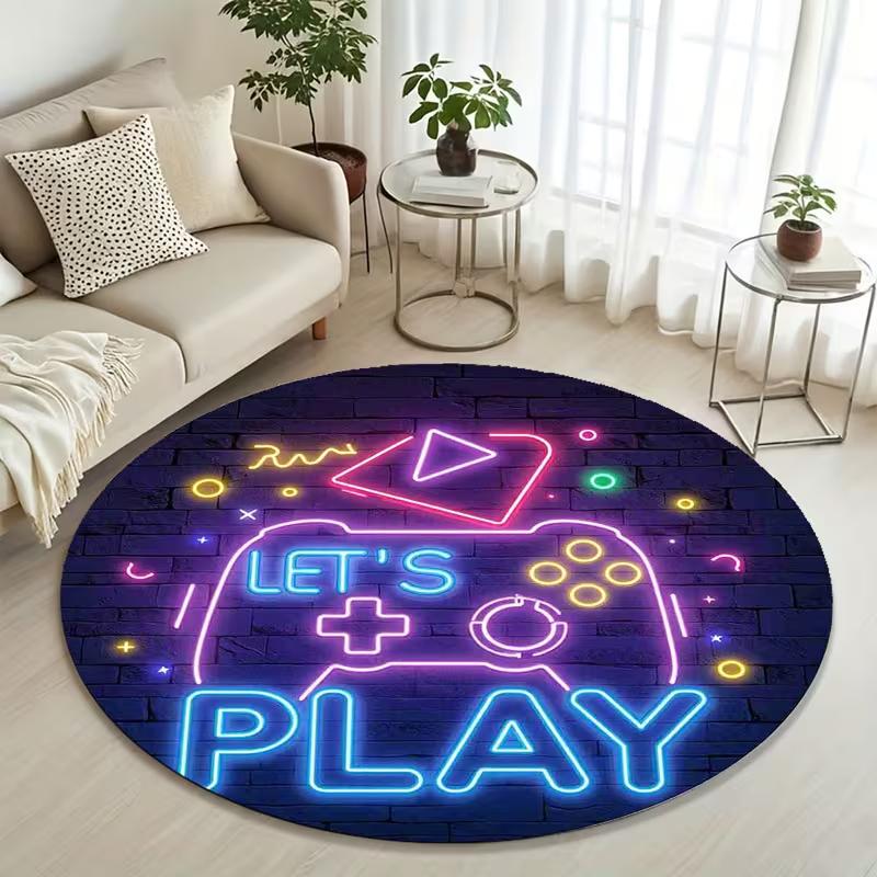 Neoninis žaidimų pultas Apvalus kilimėlis Minkštas neslystantis "PLAY" Neono raštas Grindų kilimėlis Spalvingas žaidimų kilimas berniukams paaugliams miegamojo žaidimų kambariui