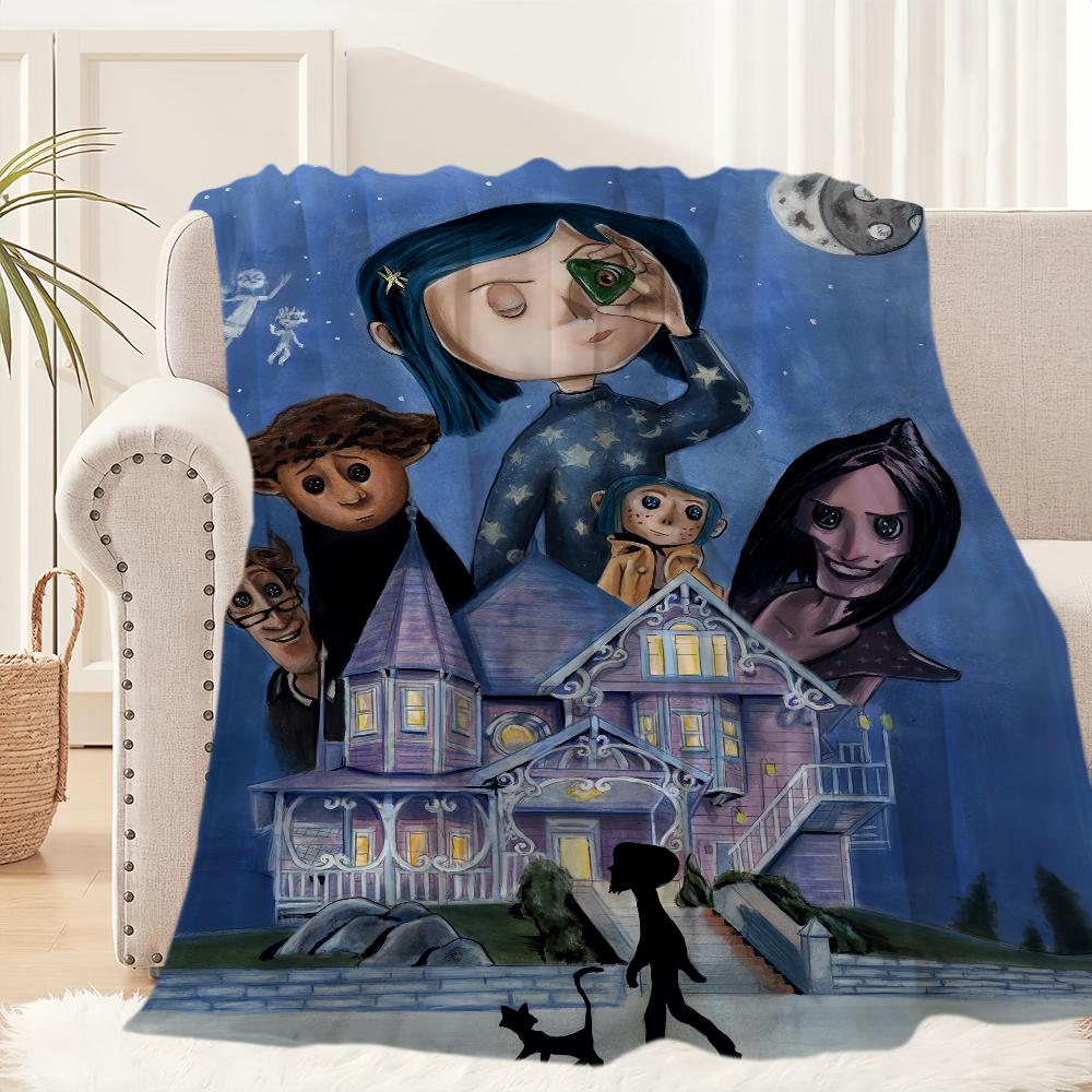 Kreskówkowy Koc Filmowy Coraline Pluszowy Dywanik do Drzemki na Sofę do Salonu Ciepły Biuro Sypialnia Urodziny Dom Podróż Dzieci Prezenty