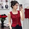 French Retro U-Neck Single-Breasted Sleeveless Slim Vest Solid Color Knitted Vest For Women