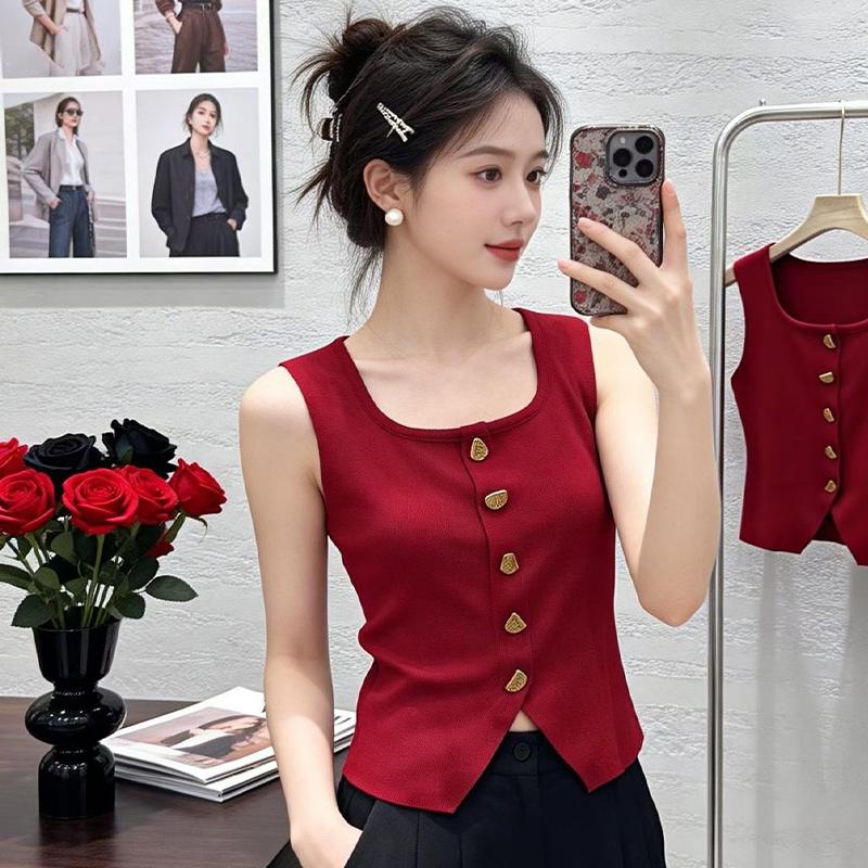 French Retro U-Neck Single-Breasted Sleeveless Slim Vest Solid Color Knitted Vest For Women