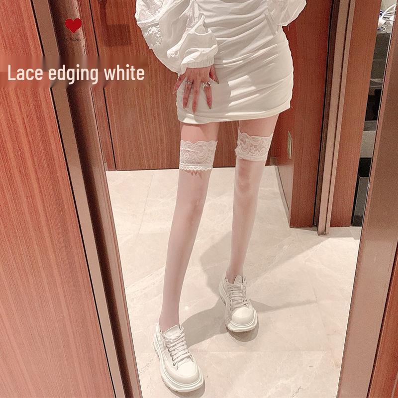 Wiosna/Lato Białe Jedwabne Podkolanówki za Kolano z Koronkowym Wykończeniem