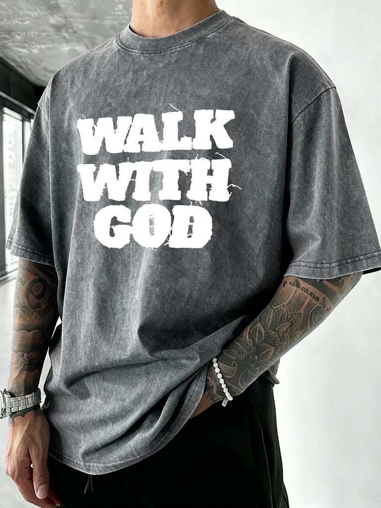 Walk With God Printed Men Washed TShirt Retro Running Crewneck T Shirts Hip Hop Oversized Clothes Summer Cotton Streetwear
