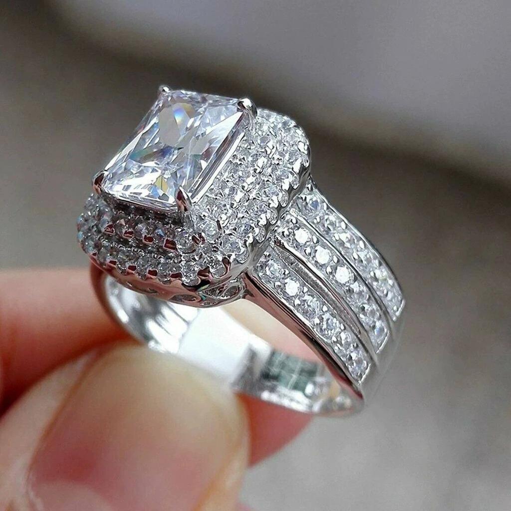 2026 New Fashion Round Full Diamond Square White Zirconium Set Ring Jewelry Engagement Wedding Light Luxury Atmospheric Ring