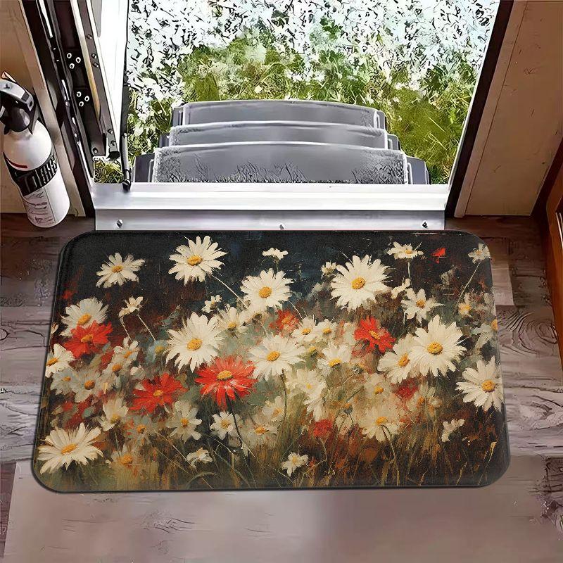 Retro Dark Tone Oil Painting Daisy Persimmon Mat, Non-Slip Door Rug for Bathroom & Entryway, Moody Art Home Decor