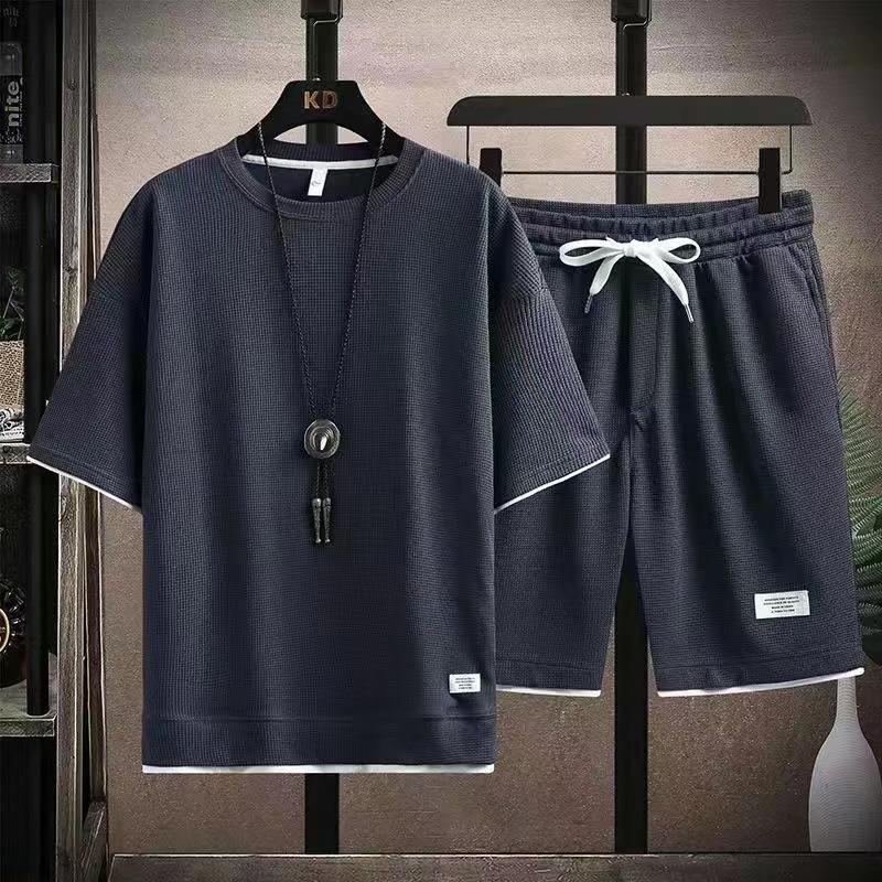 2024 Men's Sporty Summer Waffle Set: Korean Style Short Sleeve T-shirt & Shorts