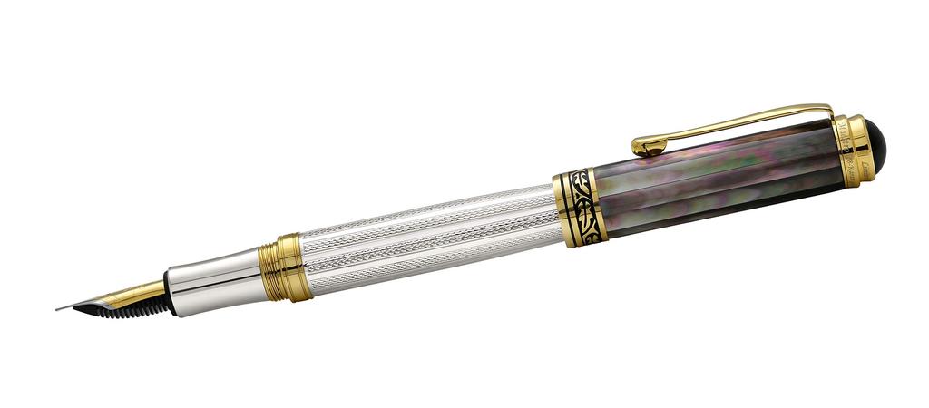 Xezo Master Pearl Fine Point Fountain Pen Crafted from Solid 925 Sterling Silver with Black Mother of Marine 18K Gold Origin. Plated.