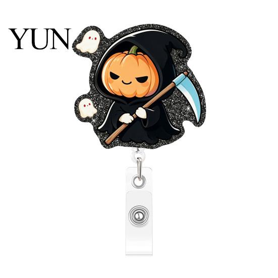 Cute Halloween Badge Retractable Reel, Pumpkin And Grim Reaper Design, Acrylic Teacher Reel Smooth Pull Cord Clip for Nurse Doctor ID Card Holiday