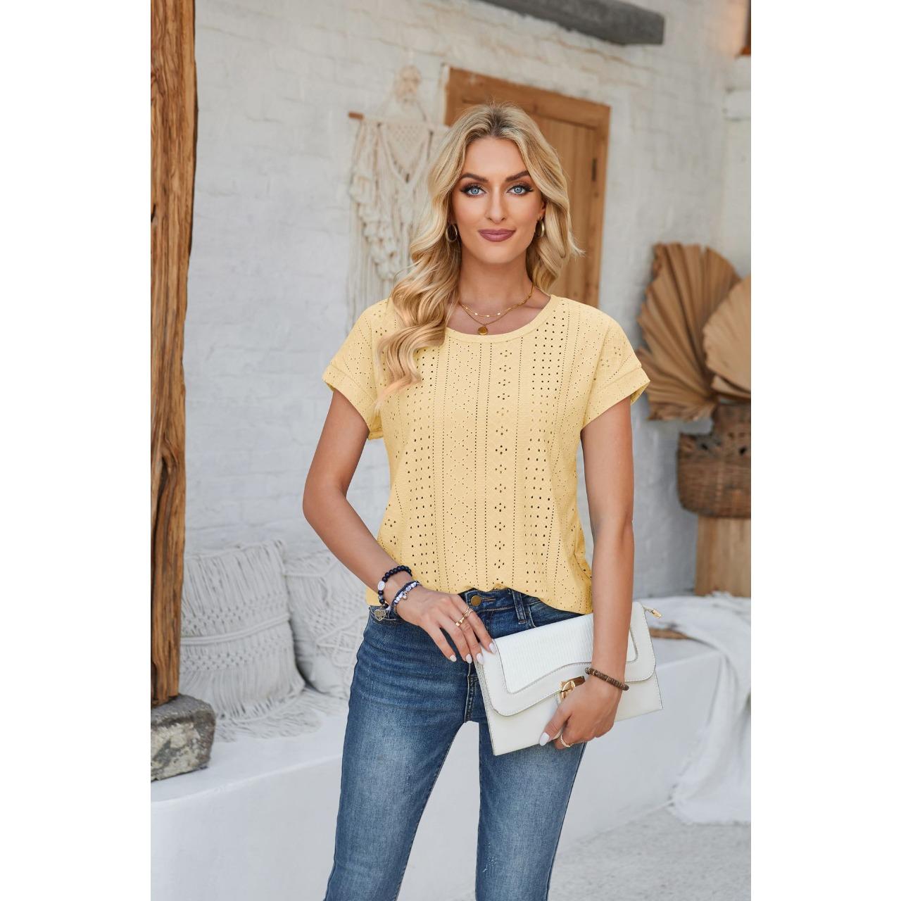 

GMXIA Женская весенне-летняя свободная футболка с круглым вырезом, кружевом-айлетом и однотонной расцветкой XXL жёлтый