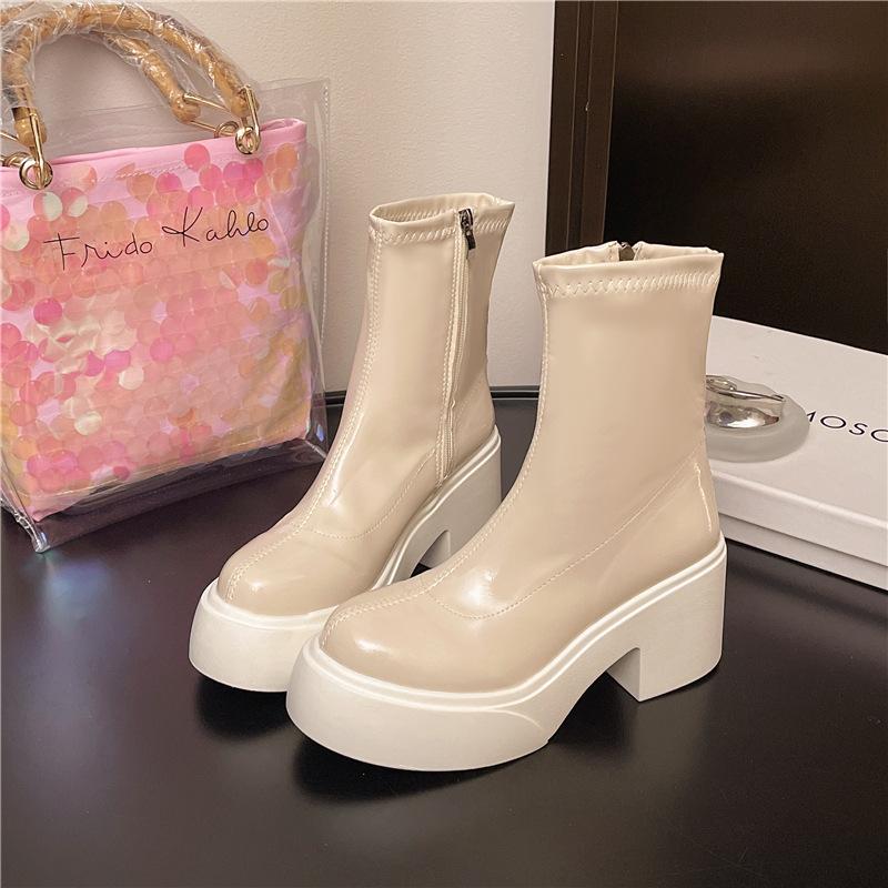 

Patent leather small Martin boots women s 2025 autumn and winter waterproof platform thick-soled heightened elastic thin boots thick heel short boots 39
