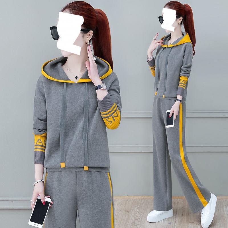 Autumn Korean Style Sports Suit Hooded Sweatshirt for Women, Loose Slimming, Western Style Casual Wear Two-piece Set
