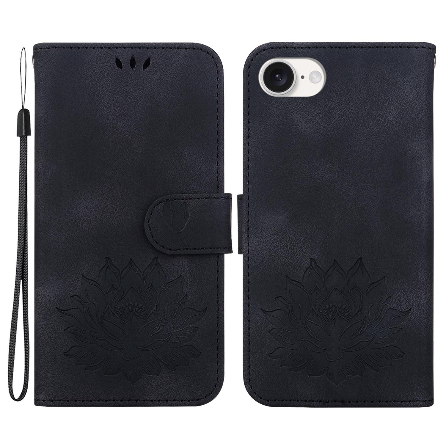 

For iPhone 16e Case PU Leather Lotus Imprinted Phone Cover with Strap Black