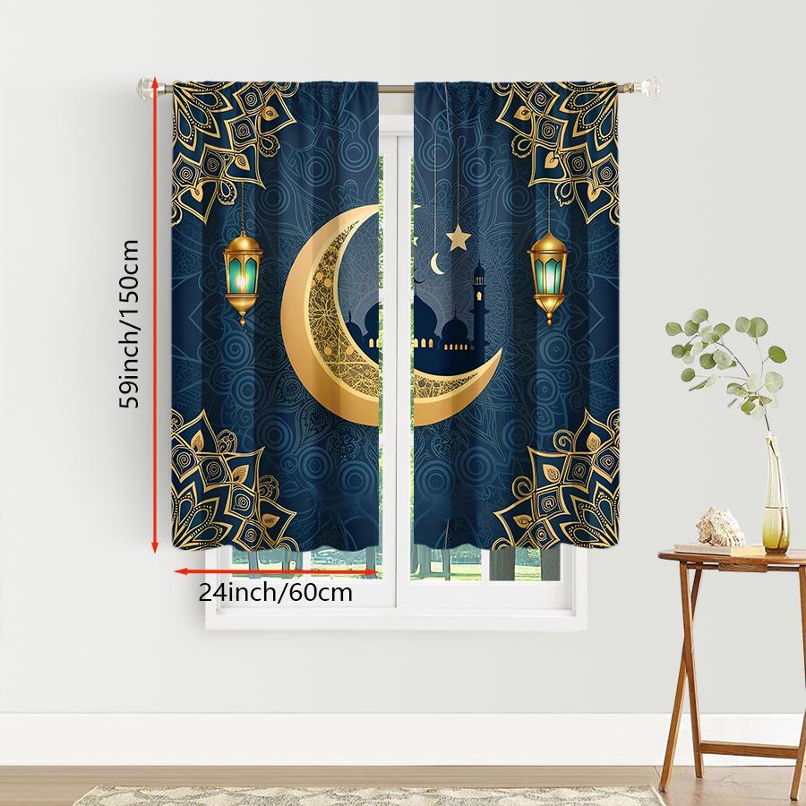 2 Pack Navy Blue and Gold Mandala Crescent Curtains, Flat Print, Ramadan Eid Window Decor, Living Room Bedroom Decor