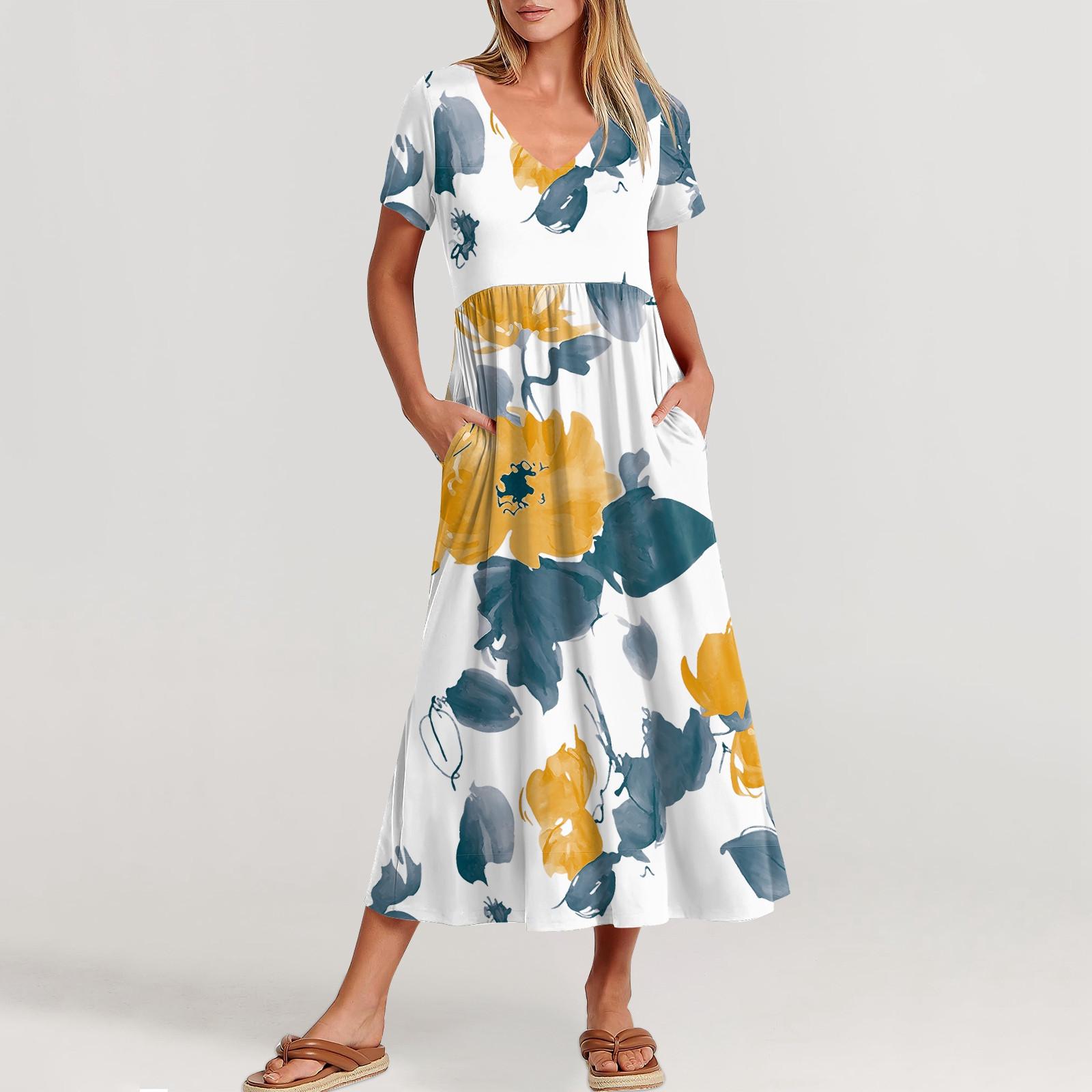 

Женские повседневные платья с карманами, струящаяся длинная юбка, женское летнее платье-макси с V-образным вырезом и короткими рукавами S жёлтый