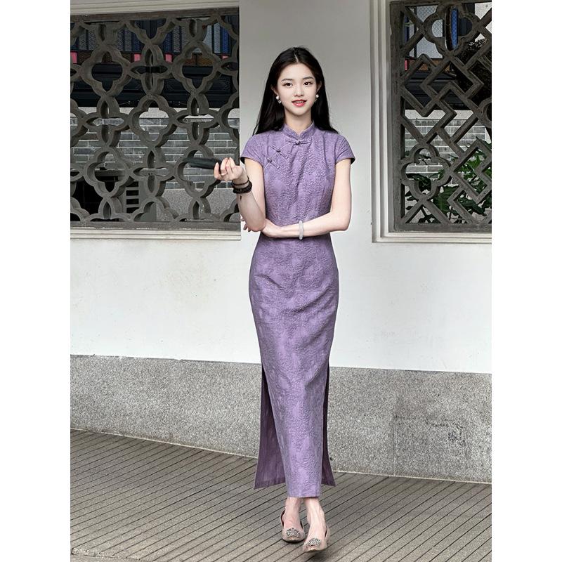Wen Ci Purple Jacquard Qipao Dress - Women's 2025 Retro Style, Waist-Cinching Long Dress for Spring/Summer.