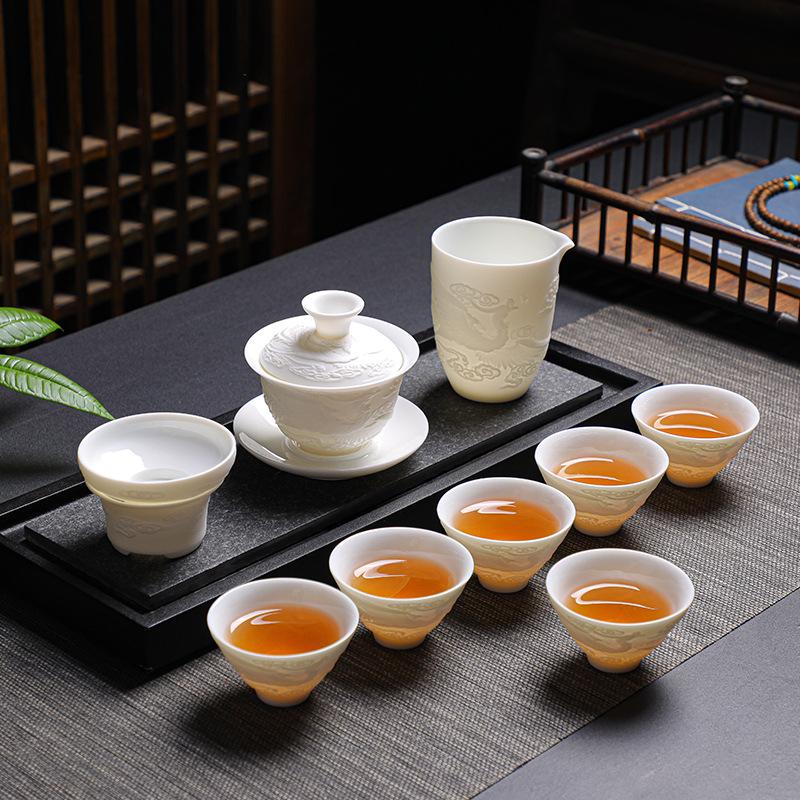 Dehua Kung Fu Tea Set Embossed Suet Jade Ceramic Tea Set Business Gifts