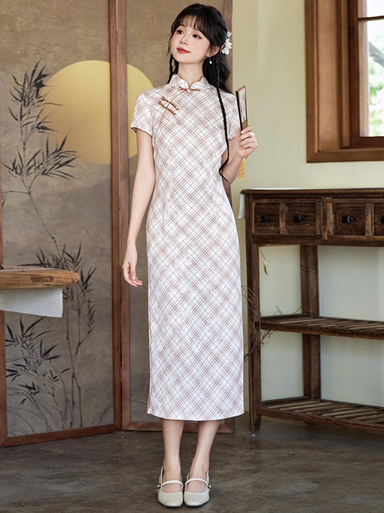Spring and summer new plaid jacquard young cheongsam, girl small fresh and sweet style literary daily cheongsam woman