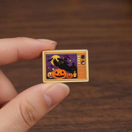 Decorative Hat Pin Retro TV Brooch for Halloween, Pumpkin Ghost Black Cat Crow Badge, Holiday Lapel Sweaters Jackets Scarves Decoration Zinc Alloy