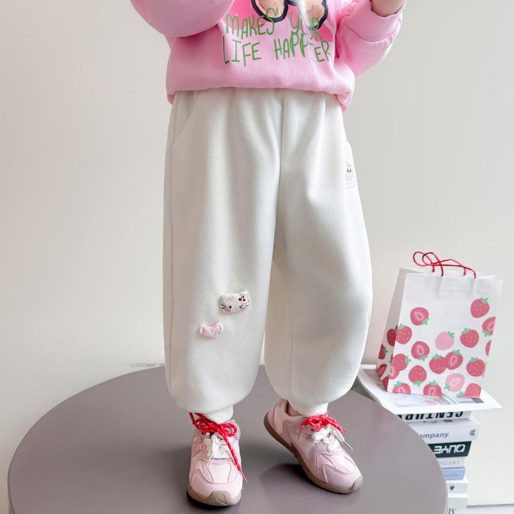 Girls' Autumn Rabbit Embroidery Sweatpants - Fashionable Casual Long Pants for Baby and Medium-sized Kids