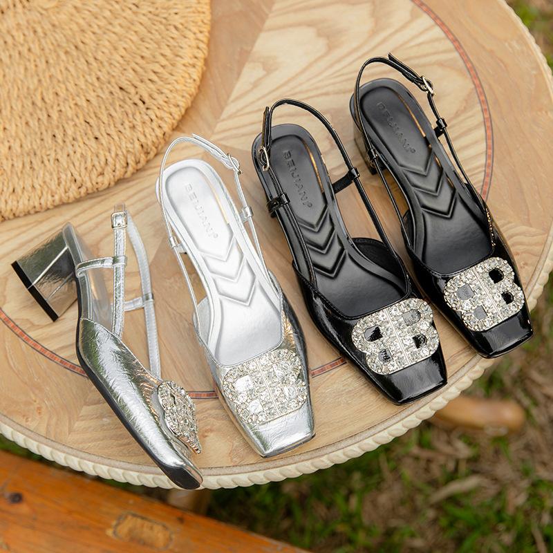Fairy Feng Shui Diamond Square Buckle Baotou Middle Heel Sandals Female Summer New Square Head Empty Skirt