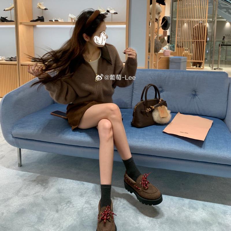 Shoes cowhide lace-up thick heel heightening small leather shoes women's autumn