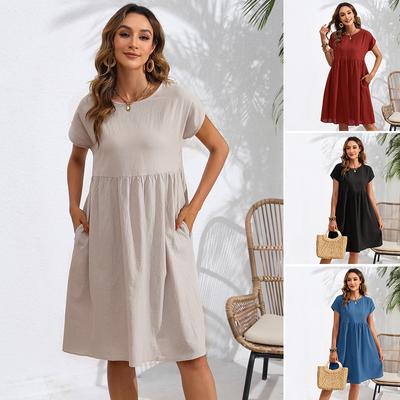 Mode Sommer Rundhals A-Linie Lose Kleid Frauen Elegante Slim Fit Taschen Temperament Casual Kleider Frau Einfache Vintage Dünne Weibliche Kleid