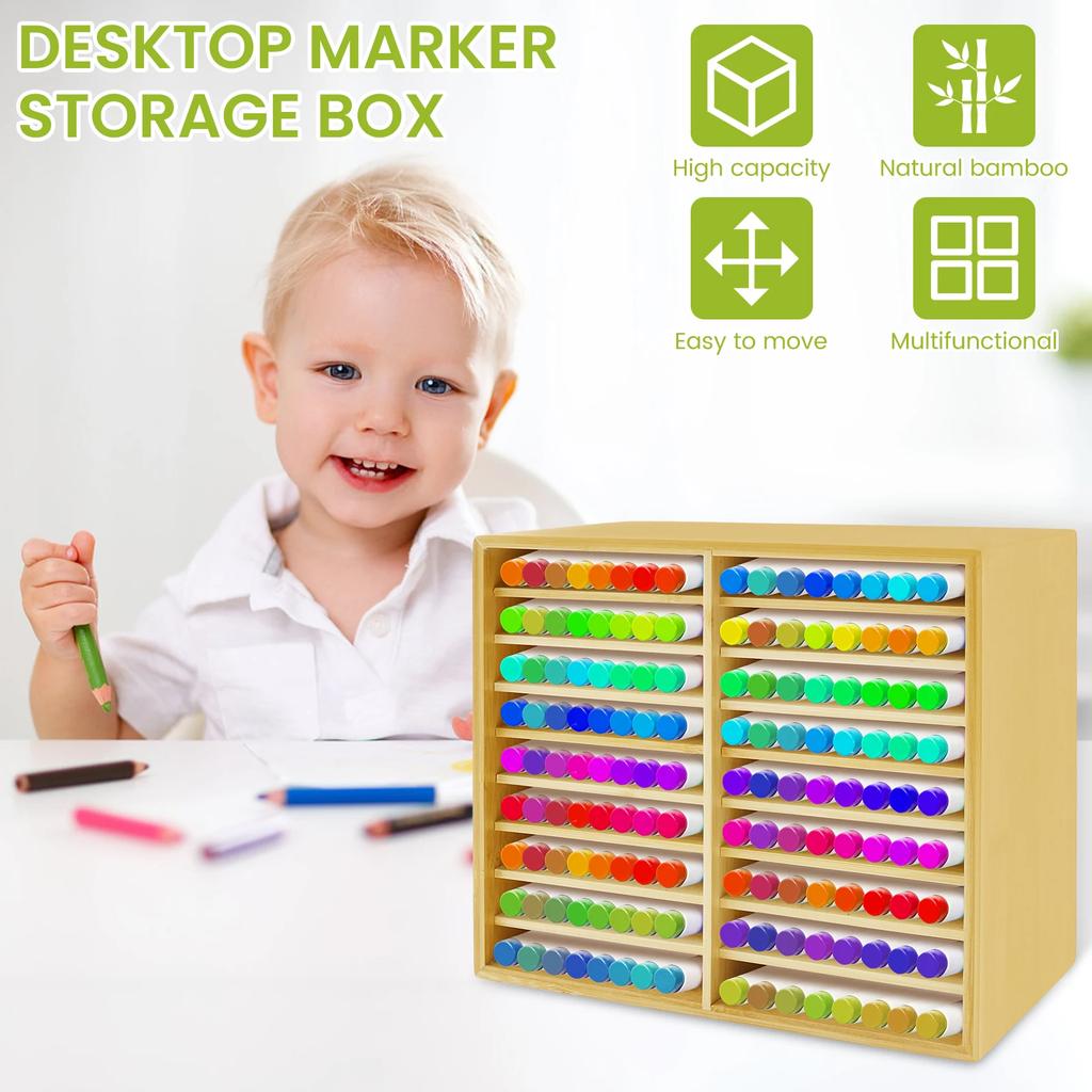 Bamboo Marker Organizer Holds 133 Markers Pens Desktop Storage Pencil Holder Watercolour Brushes Stationary Organizer