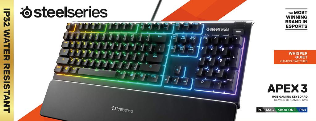 SteelSeries Apex 3 RGB Gaming Keyboard 10 Zone RGB Illumination IP32 Waterproof Premium Magnetic Wrist Rest Quiet Gaming BR – – – (Whisper Switch) –
