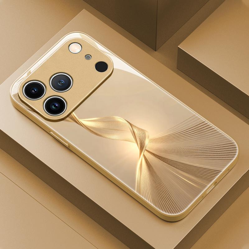 High End Art Gold Wire Texture Pattern Glass Phone Case Suitable for iPhone 17 16 15 14 13 12 11 Pro/Max/Plus Shockproof