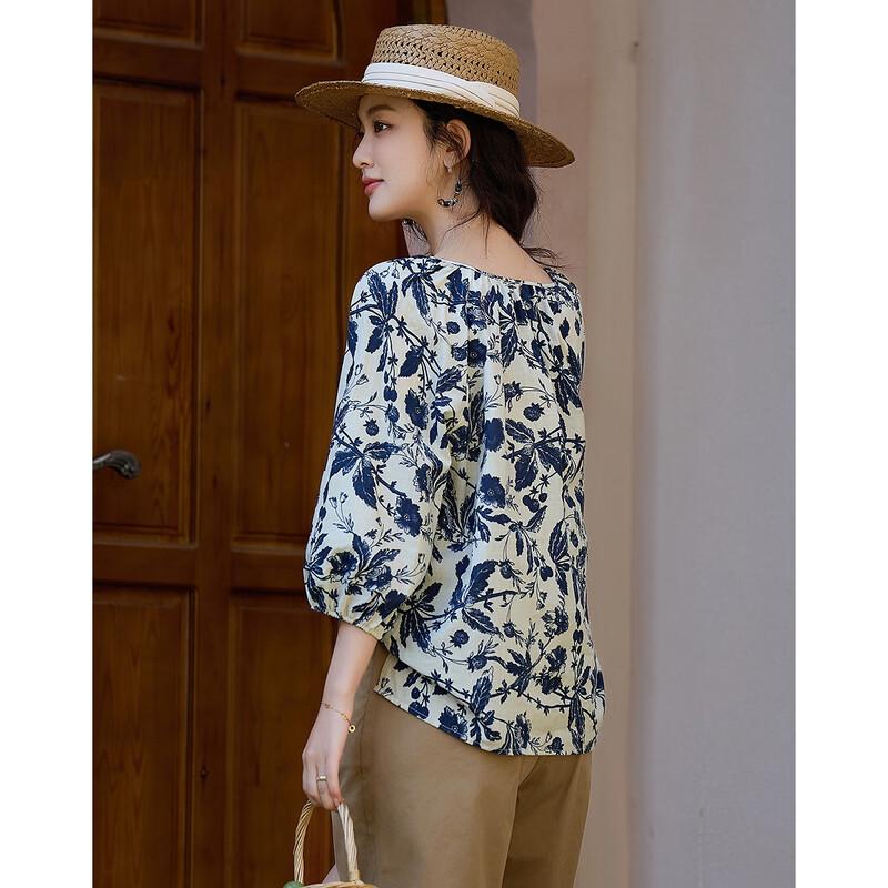 Demana Floral Print Tie-Neck 3/4 Sleeve Cotton Blouse