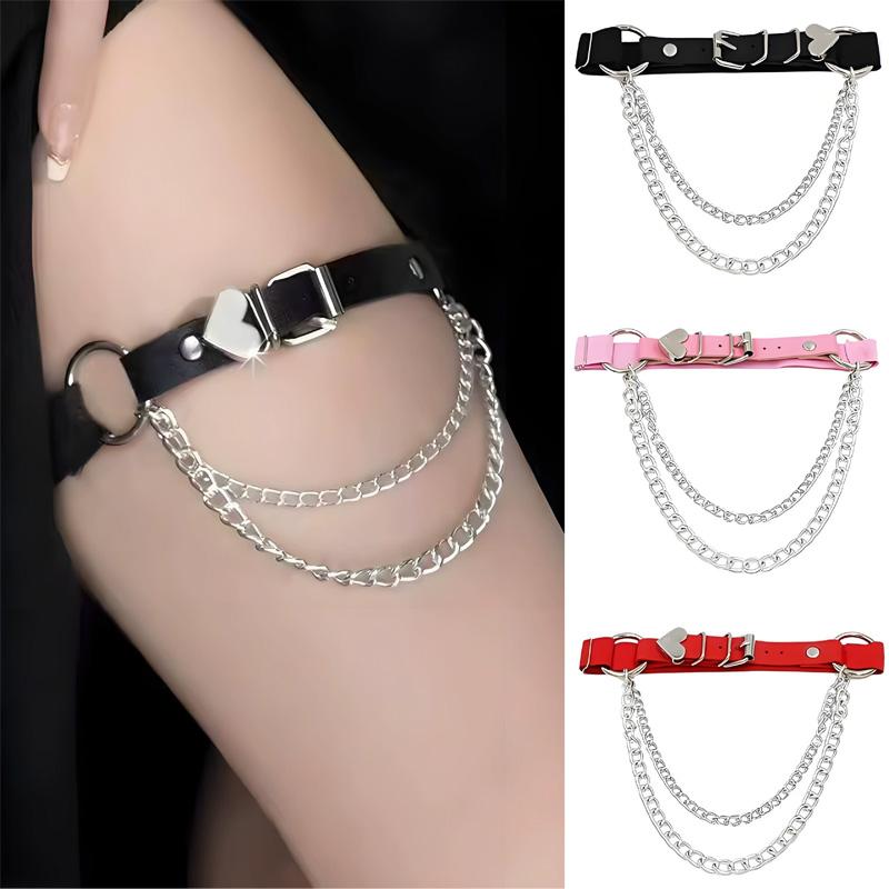 1PC Metal Tassel Fashion Punk Leg Loops Adjustable Love Heart Chain Gothic Leg Ring Sexy Pu Leather Irregular Suspender Leg Chain
