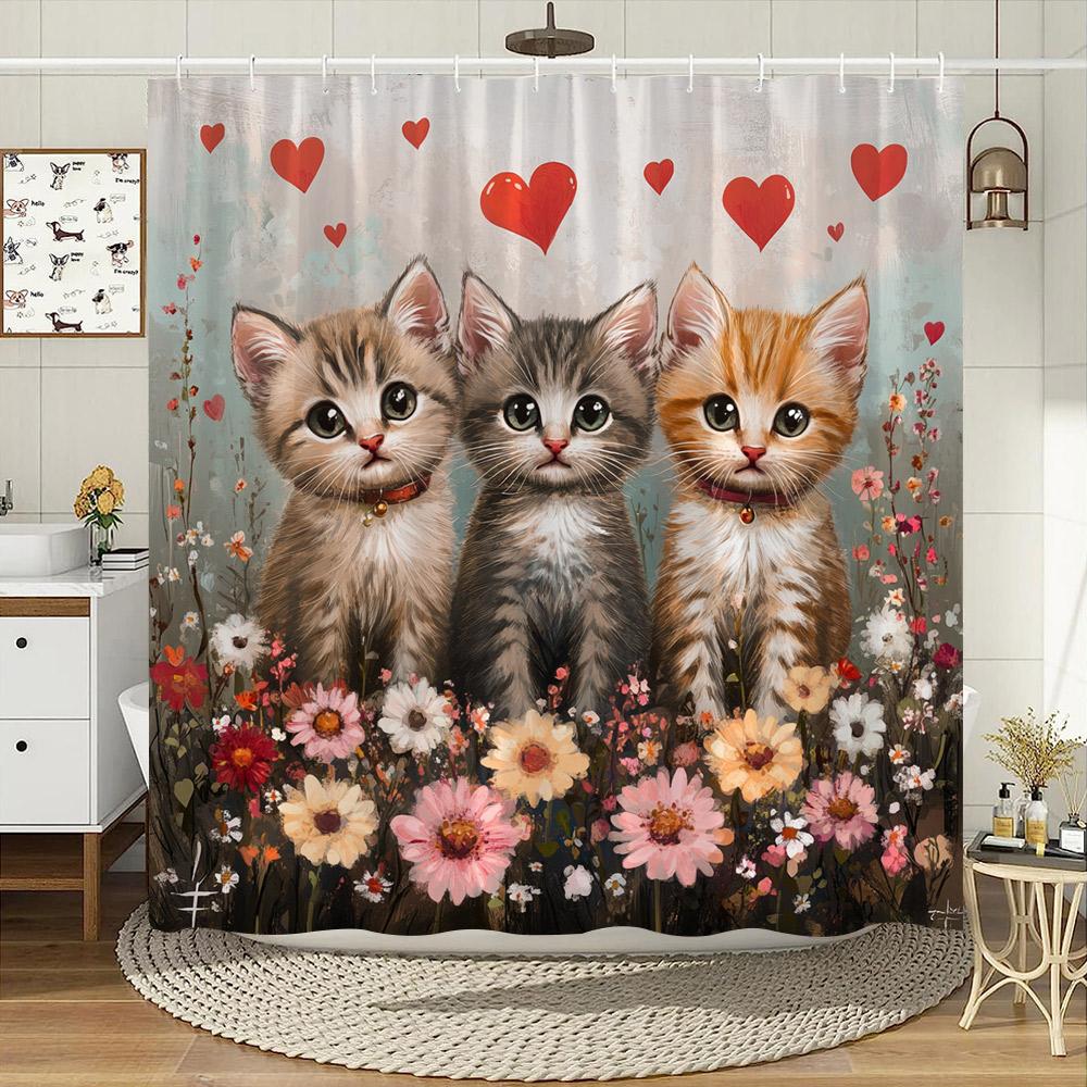 Vintage Style Cute Cat Shower Curtain Watercolour Blooming Flowers Polyester Fabric Home Bath Curtains Bathroom Decor with Hooks