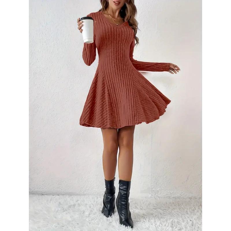2025 Spring Autumn Knitted V-neck Long Sleeve Sweater Dress Elegant Slim Fit Women Casual Simple A-line Short Dress Fashion Solid Color Party Clothing