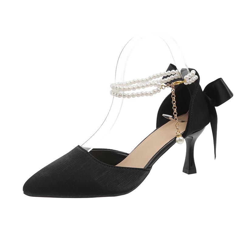 

French high heels, thin heels, pointed head temperament 2025 summer new hollow bow socialite fashion shoes 40