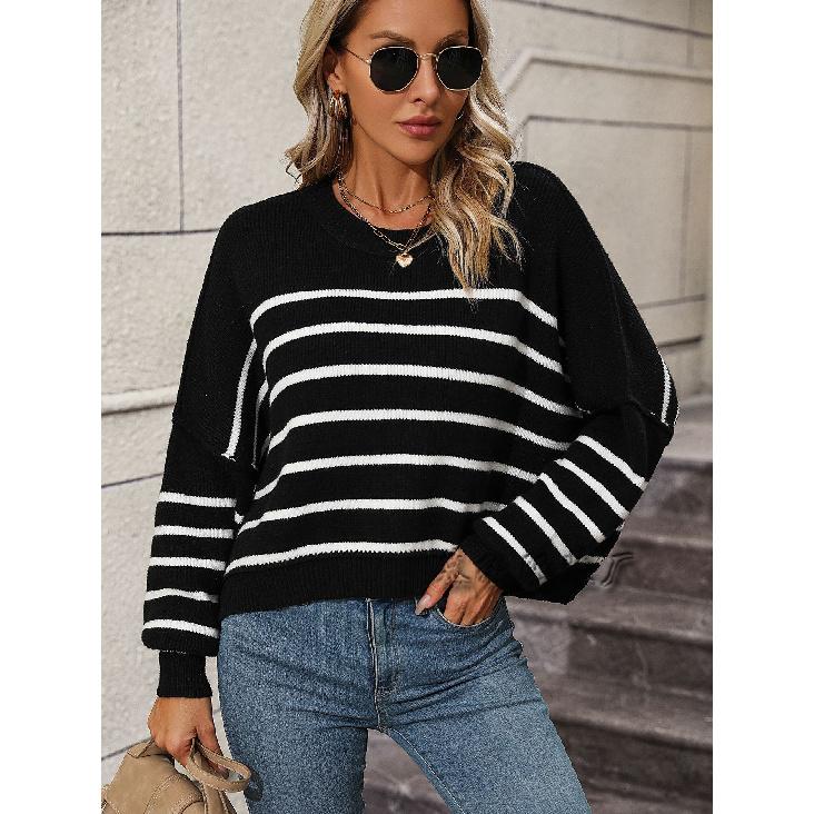 2024 Autumn And Winter New European And American Round Neck Women'S Knitted Sweater Loose Pullover Striped Sweater