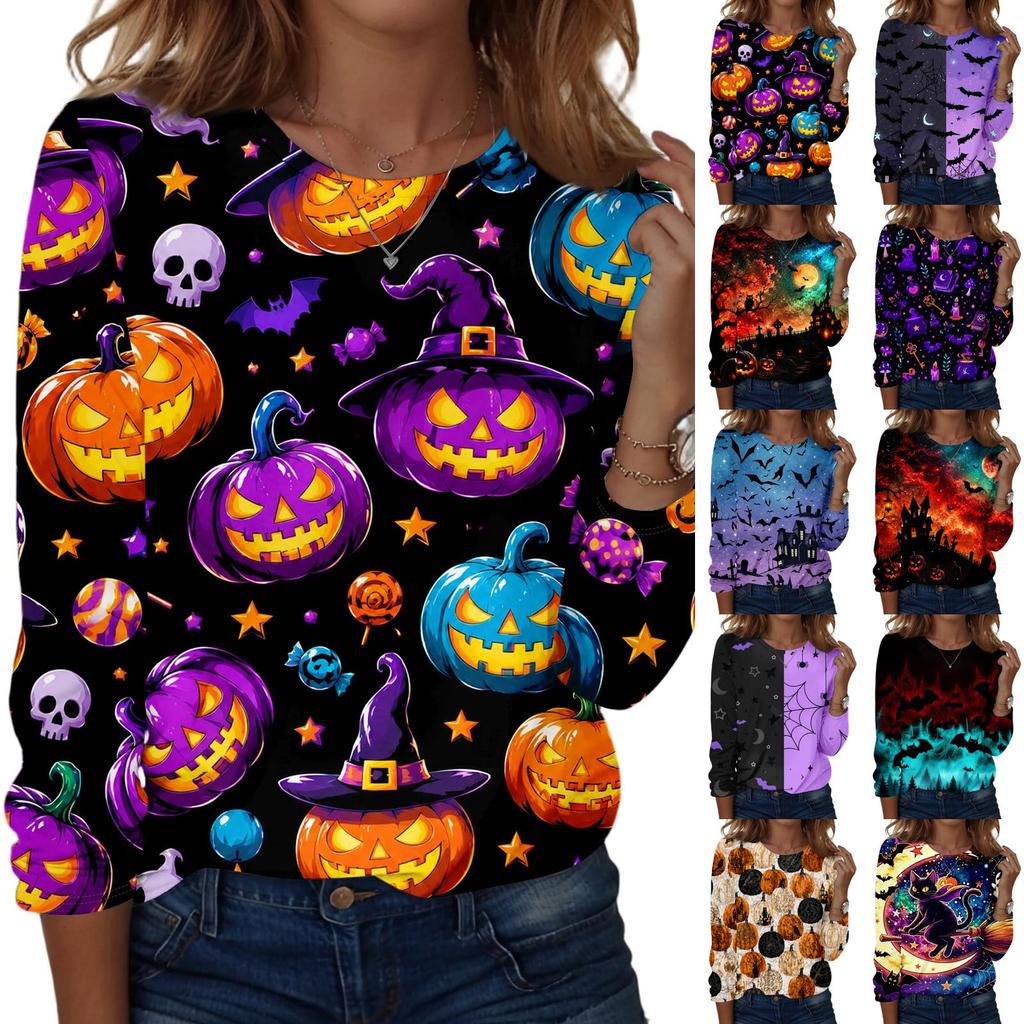 Women Long Sleeve Casual Pullover Sweatshirt Halloween Pumpkin Print Round Neck Top Lightweight Comfortable Fit