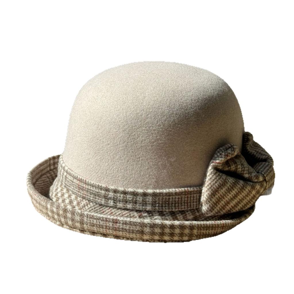 Korean Fashion Bow Thousand Bird Grid Basin Hat Autumn and Winter Top Hat Ladies Elegant Casual Warm Woolen Bucket Hat