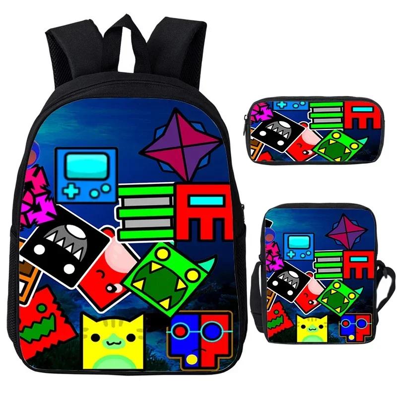 Angry Geometry Dash Cartoon Print Children Backpack 3Pcs Set Boys Girls School Bags Large Capacity Bookbag Back To School Gifts