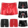 Men‘s Openable Crotch Boxer Shorts S-3XL: Patent Leather Glossy Fabric with Elastic Waist & Zipper Button for Fancy Nightwear