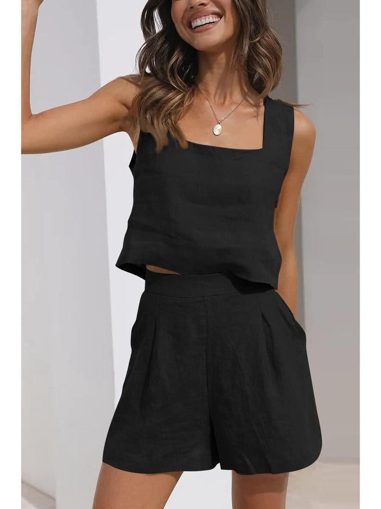 European and American Women's 2-Piece Linen Casual Set: Sleeveless Top and Shorts.