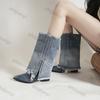 Fashion Pleated Block Heels Denim Boots for Women 2025 Autumn Pointed Toe Women Fashion Sexy Cowboy Woman Denim Pointed Toe Chunky Boots