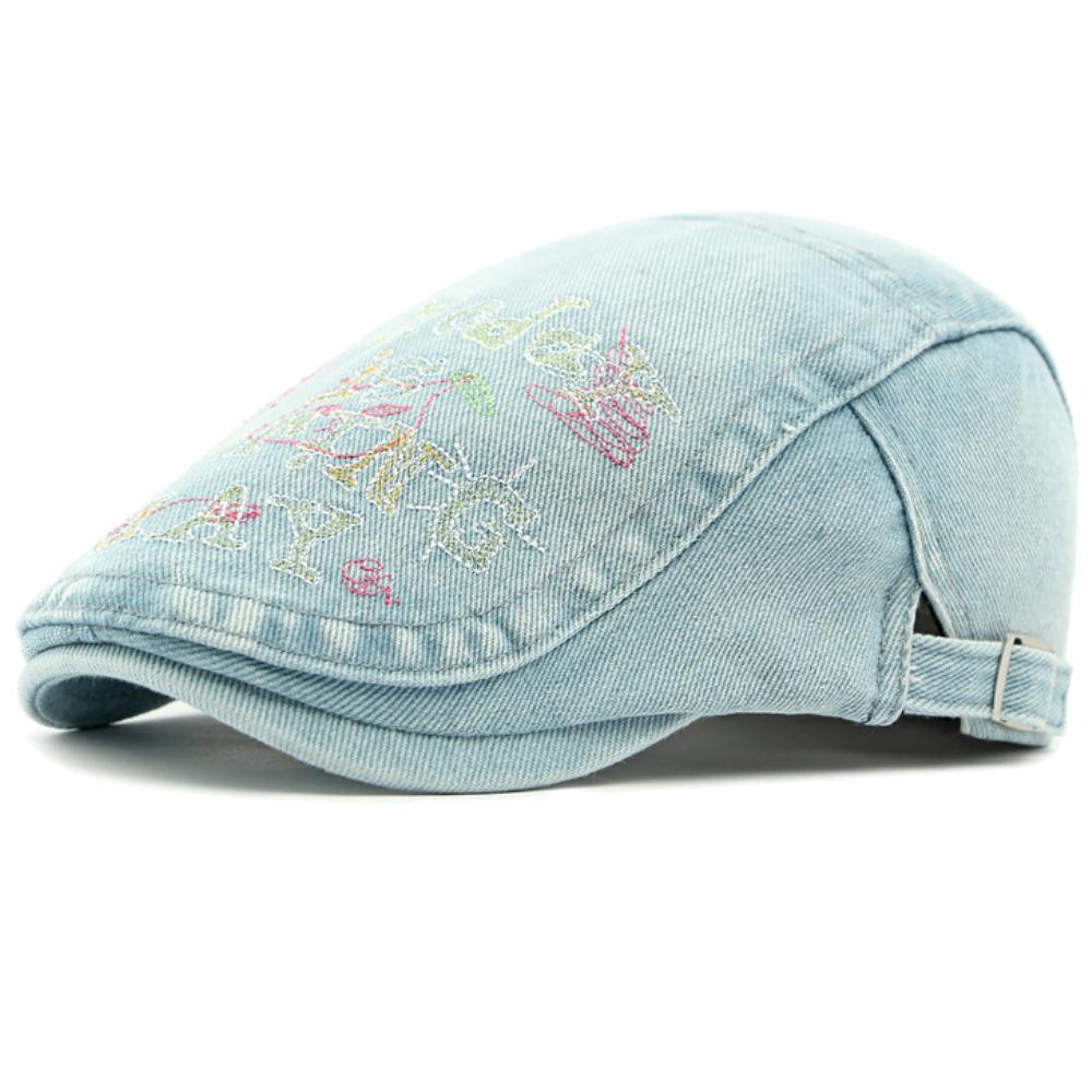 

HT4739 Mens Berets Women Letters Embroidery Denim Beret Cap Vintage Artist Painter Beret Hat Male Female Adjustable Ivy Flat Cap 55-60cm Adjustable светло-синий
