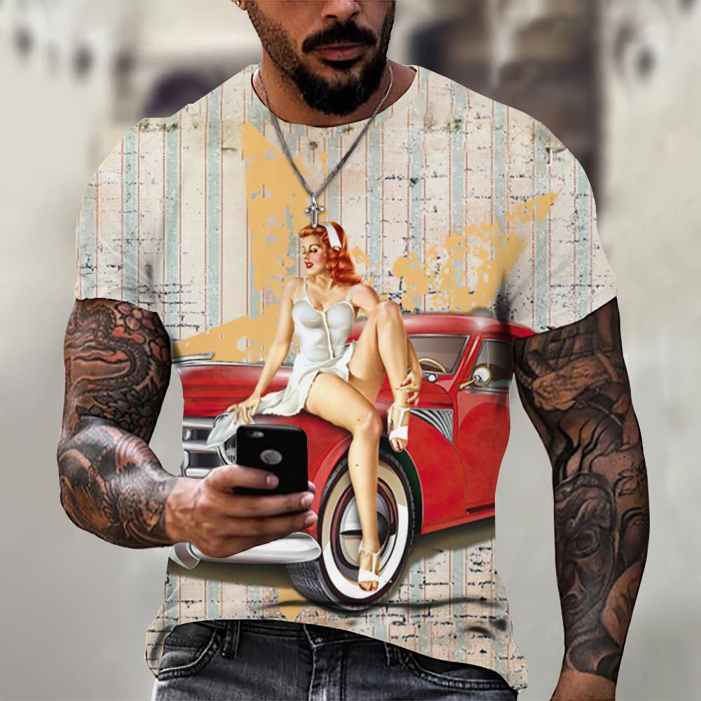Vintage Motorcycle T Shirt For Men 3D Racing Girl Short Sleeve Tops Street Men's Biker T-shirt Oversized Tee Shirt Clothing