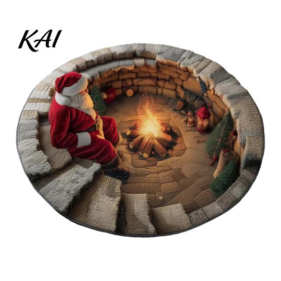 Kerstfeest Woondecoratie Ronde Kerst 3D Vloerkleed, Optische Illusie Vloerkleed Kerstman Kabouter Gewatteerd-achtig Comfortabel Blote Voeten Vloermat Antislip